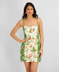 Siena Women's Printed Flax Woven Square Neck Short Dress
