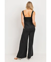 Hello Miz Maternity Sleeveless Smocked Bodice Wide-Leg Jumpsuit with Pockets