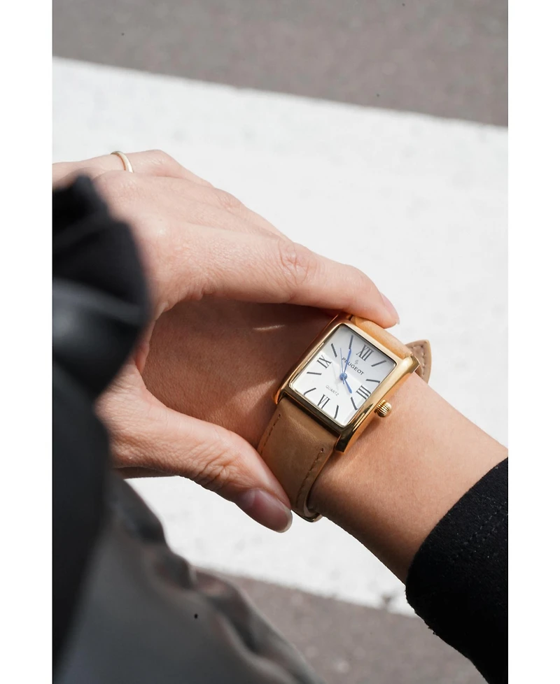 Peugeot Women's Tank Watch Roman Dial Brown Leather Strap