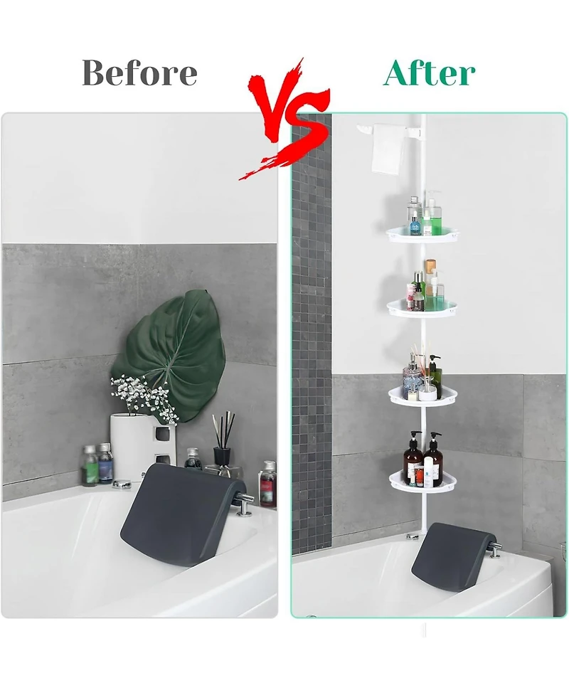 Homfan Corner Shower Caddy Tension Pole,102"-122" Height, Rust Proof No Drilling Bathroom Organizer with Adjustable Trays