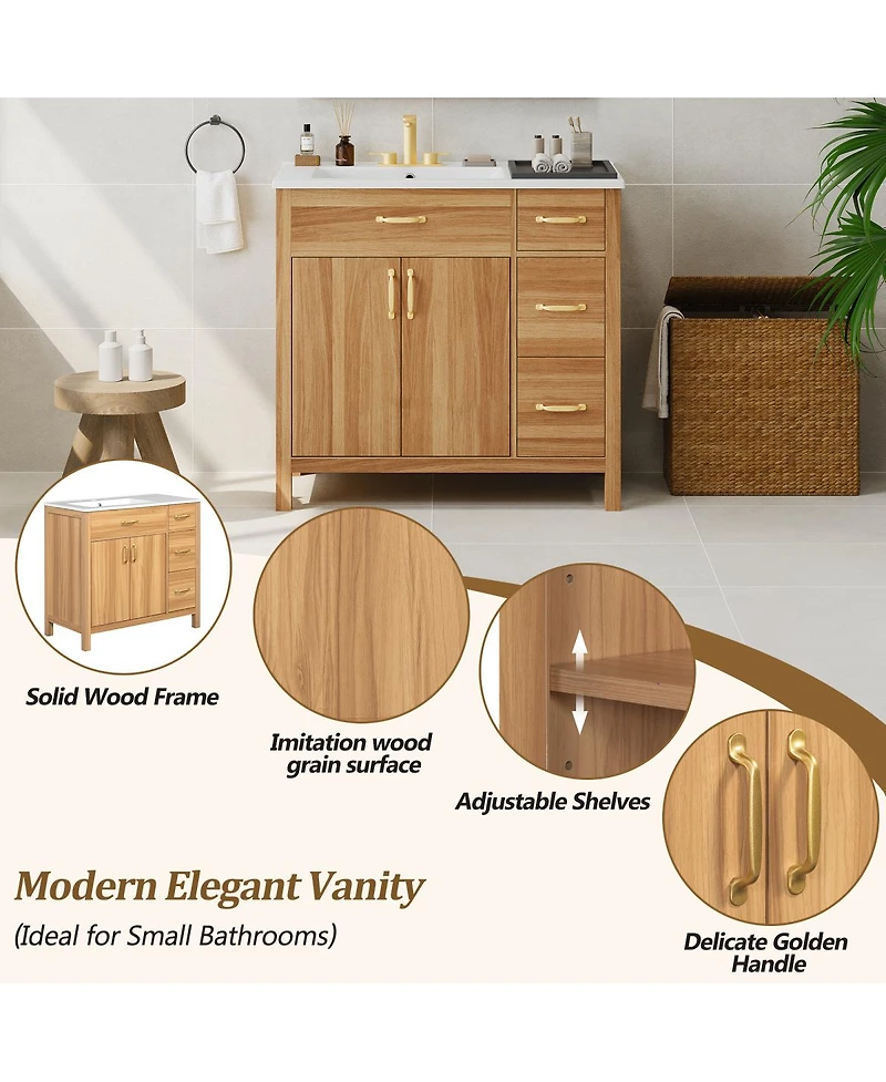 Sillysis 36 Inch Wood Bathroom Vanity with Ceramic Sink, Solid Wood Frame, Soft Close Storage Drawers for Small Bathrooms