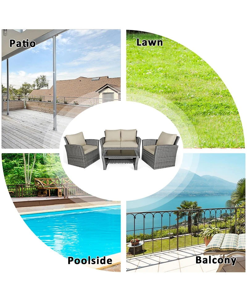 Costway 4 Pieces Patio Rattan Furniture Set with Storage Shelf Table