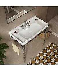 Sillysis 36 Bathroom Console Sink with White Ceramic Vanity, Wall Mounted Basin & Stainless Steel Legs, Towel Bar Included