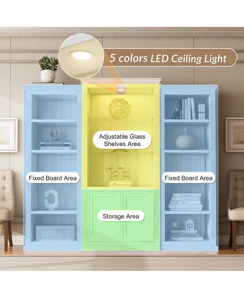 Streamdale Furniture 78.75" Tall 3-Piece Bookcase with 5 Color Led Light, Retro Style
