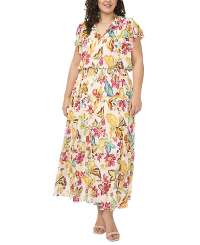 Msk Plus Size Flutter-Sleeve Tiered Split-Tie Neck Maxi Dress