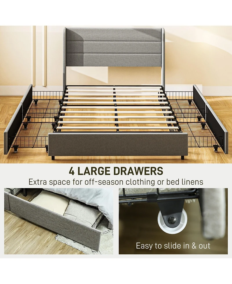 Homcom Queen Bed Frame with Headboard, Led Lights, Charging Station,