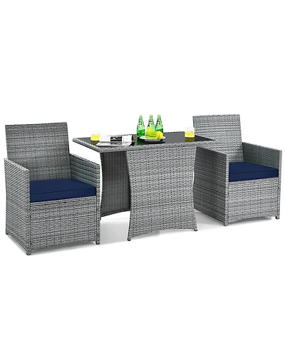 3PCS Patio Rattan Furniture Set Cushioned Sofa Armrest Garden