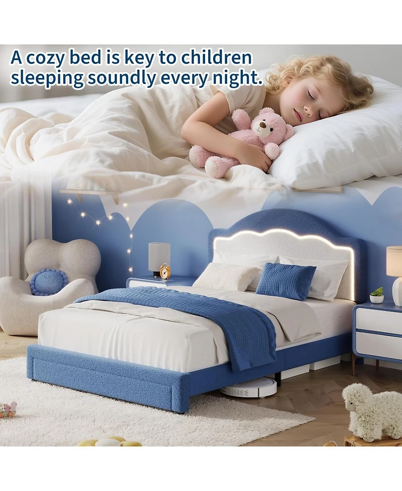 gaomon Full Size Kids Bed with Led Headboard, Plush Sherpa Fabric Upholstery, Slat Support (No Box Spring Needed)