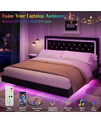 gaomon Floating Bed Frame with Smart Led Lights, Upholstered Platform Diamond Headboard, Solid Wood Slats Support