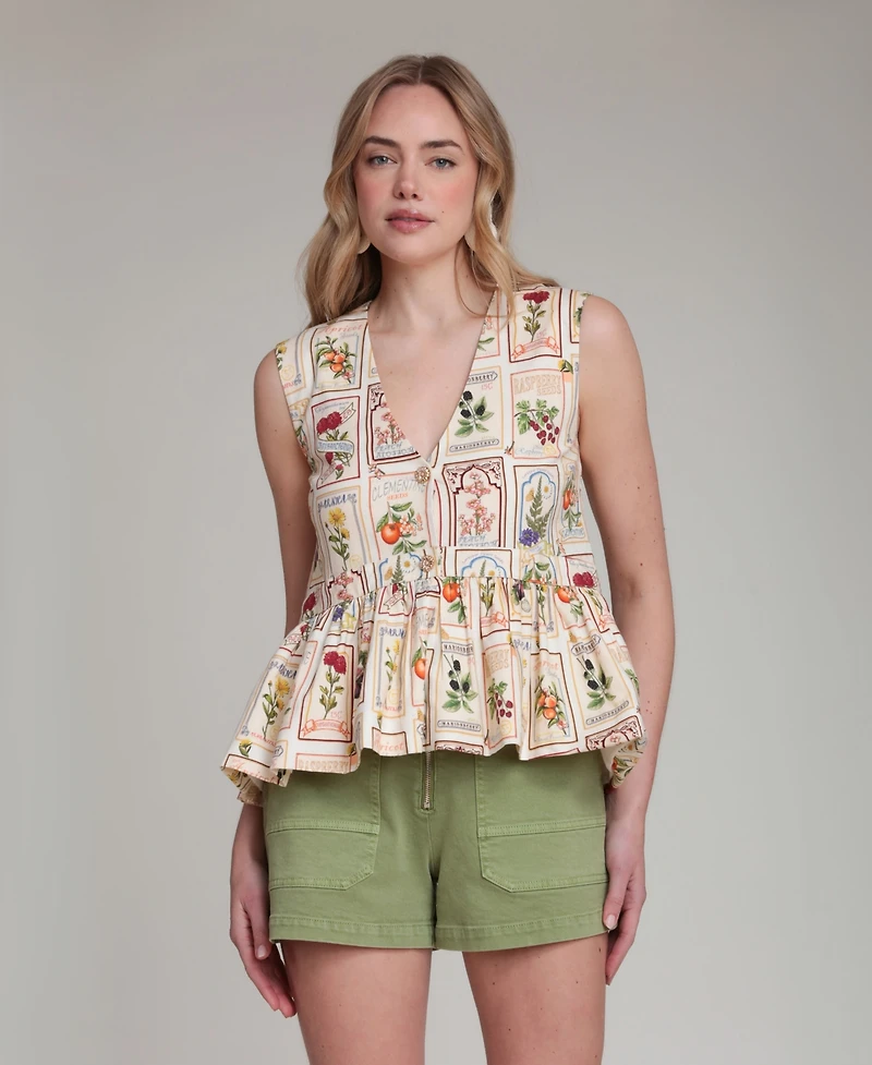 Avec Les Filles Women's Botanical-Print V-Neck Peplum Top