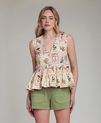 Avec Les Filles Women's Botanical-Print V-Neck Peplum Top
