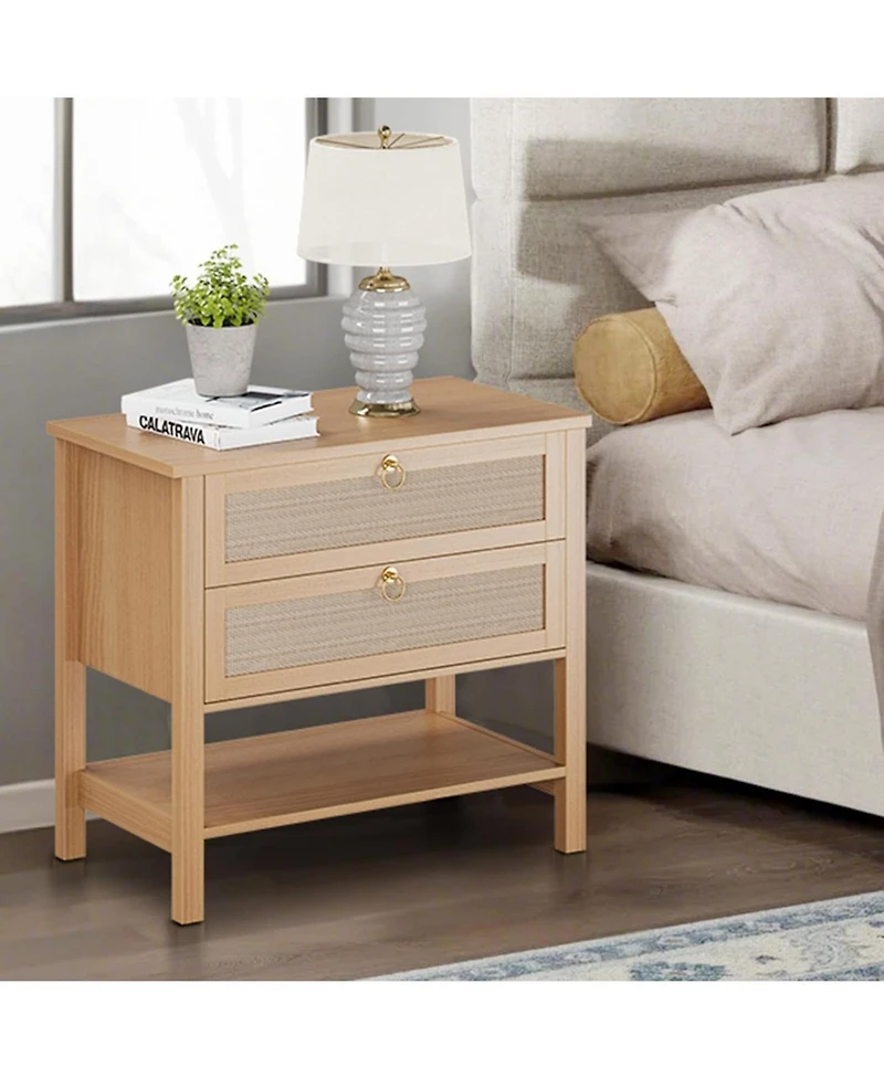 Gaomon Rattan Nightstand Set of 2, Boho Nightstand with 2 Drawers and Storage Shelf