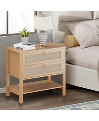 Gaomon Rattan Nightstand Set of 2, Boho Nightstand with 2 Drawers and Storage Shelf