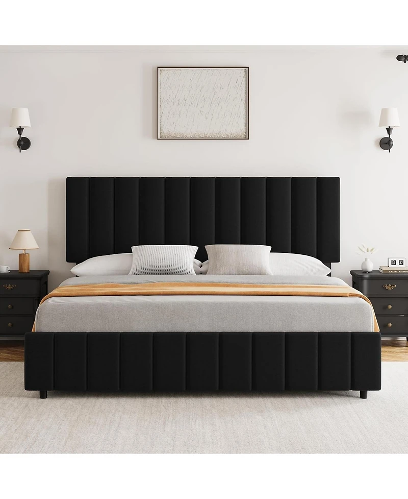 gaomon Linen Upholstered Bed Frame with 4 Storage Drawers, Adjustable Headboard, Sturdy Wooden Slats, No Box Spring Required