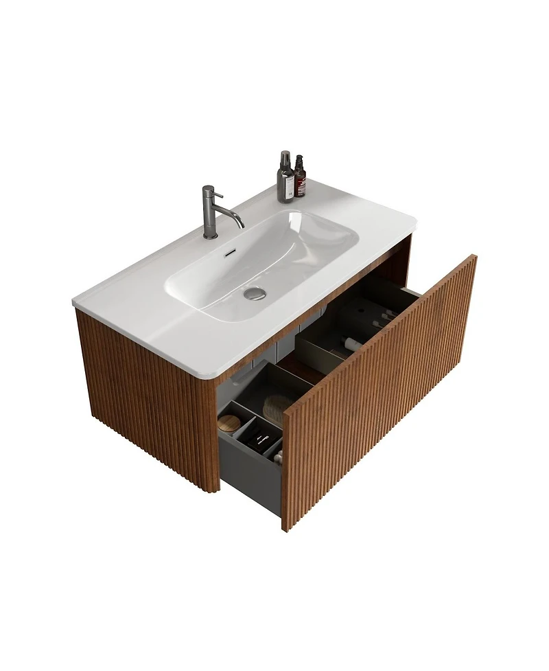 Sillysis 36" Walnut Floating Bathroom Vanity with Integrated Ceramic Sink & Push Open Drawer, Wall Mounted for Modern Bathroom