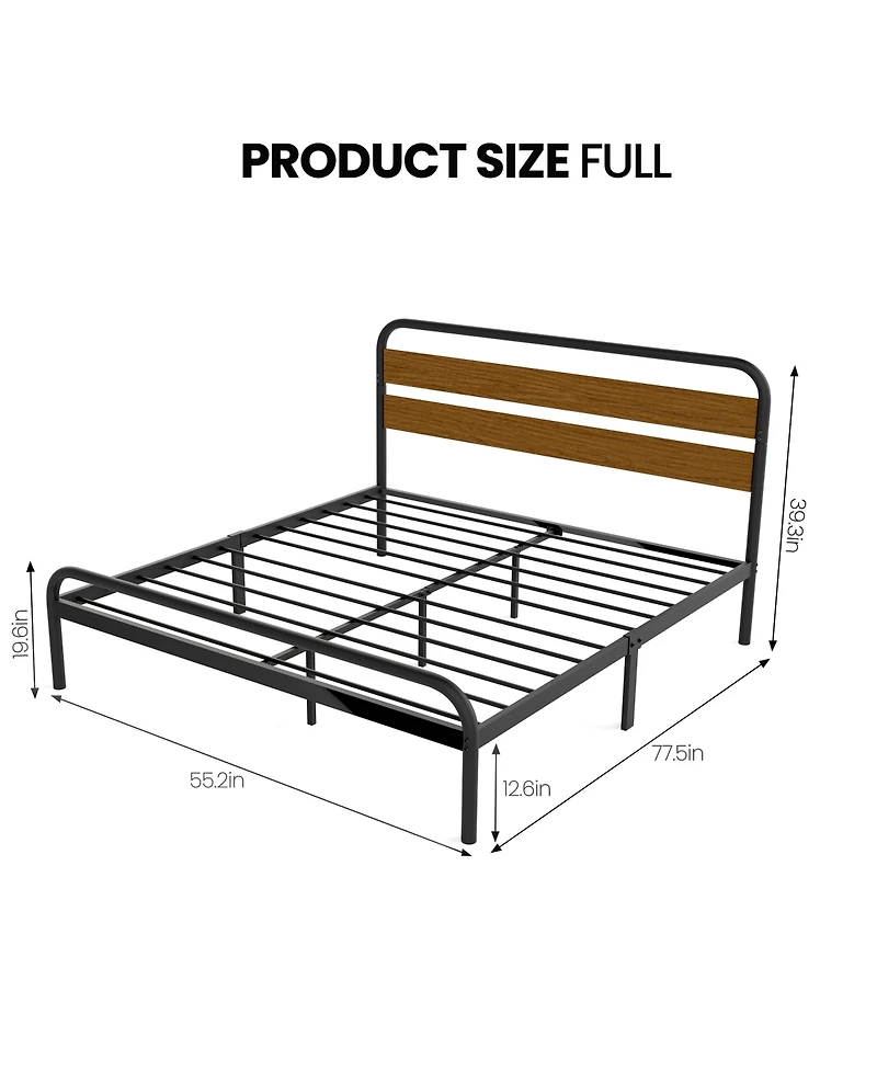 gaomon King Metal Platform Bed Frame Wooden Headboard Heavy-Duty Support Noise-Free Design Under-Bed Storage Rustic Light