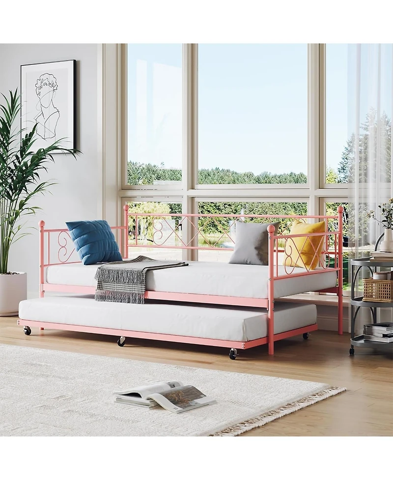 Gaomon Daybed with Trundle Metal Twin Daybed Frame Headboard Platform Sofa Bed Metal Slats Bedroom Living Room Guest