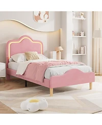 gaomon Twin Upholstered Led Bed Frame Adjustable Headboard Velvet Princess Platform Wooden Slats No Box Spring