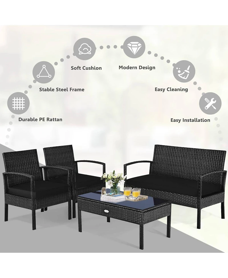 Costway 4 Pieces Outdoor Patio Rattan Furniture Set Cushioned Sofa Coffee Table Garden Deck