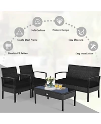 Costway 4 Pieces Outdoor Patio Rattan Furniture Set Cushioned Sofa Coffee Table Garden Deck