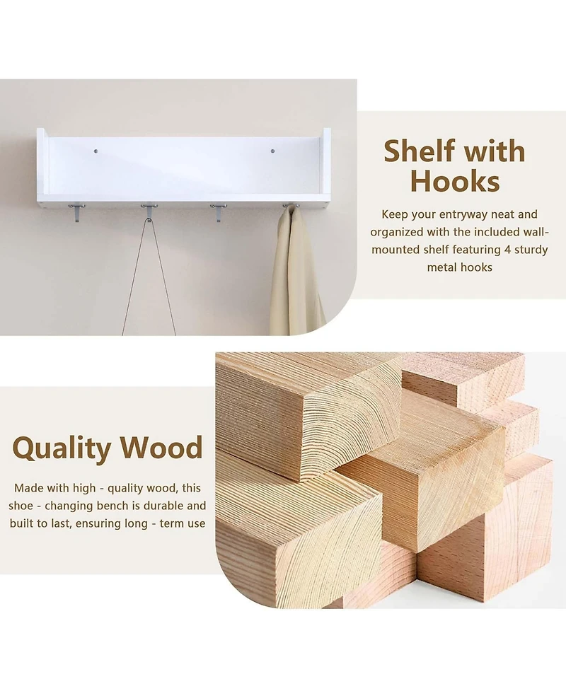 Rainsken Wall-Mounted Entryway Shelf with Hooks and Storage Bench Set for Entryway, Hallway, Living Room, Bedroom