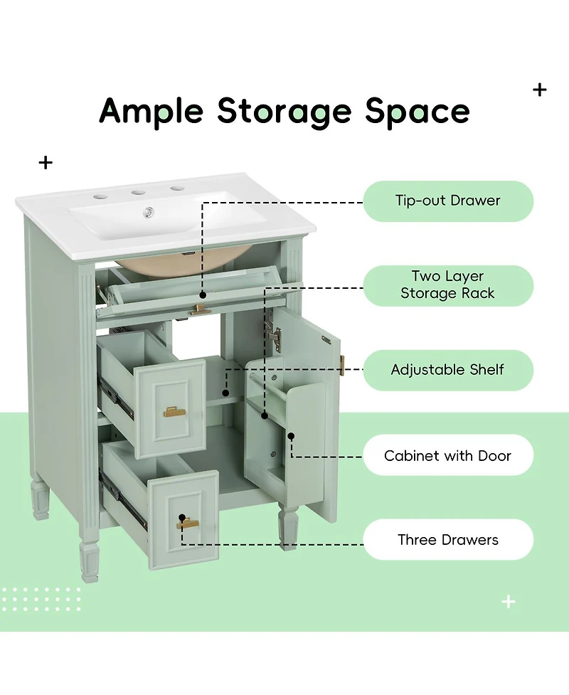 Sillysis Bathroom Vanity with Sink, Freestanding Solid Wood & Mdf Cabinet, Flip Drawer & Adjustable Shelf for Storage