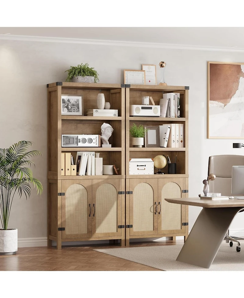 gaomon 70" Tall Farmhouse Bookshelf with Rattan Doors, 3-Tier Open Bookcase with Adjustable Shelves, Floor Standing Storage Cabinet