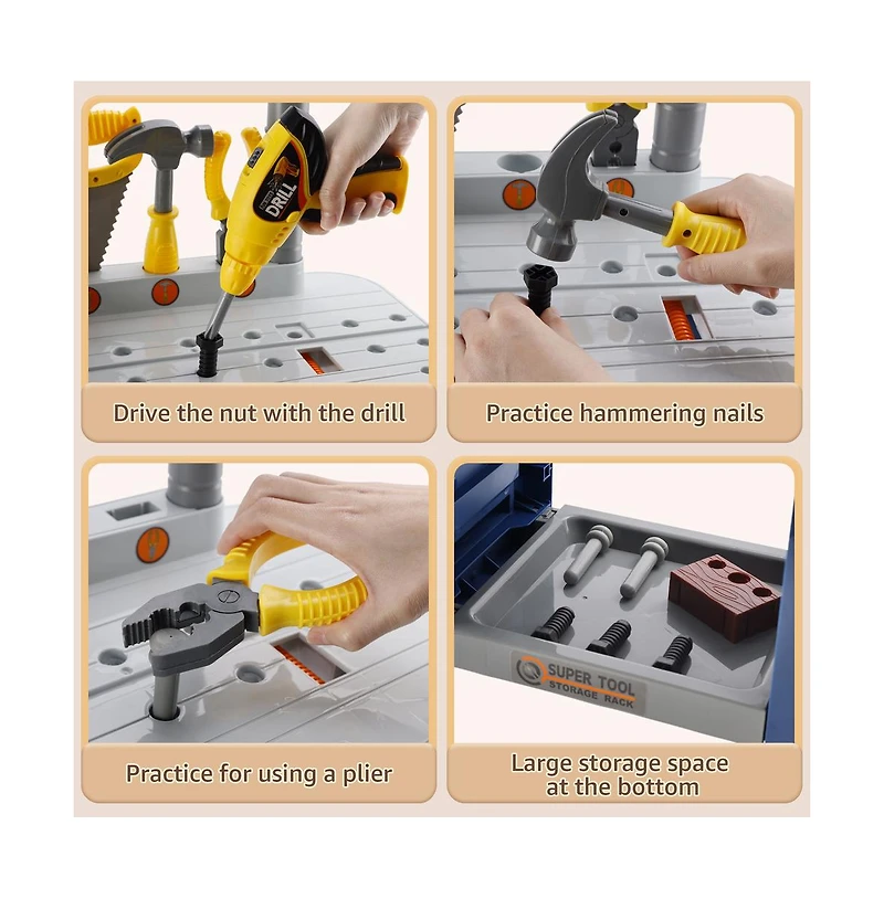 Bruce & Shark 37-Piece Kids Workbench with Realistic Electric Drill, Pretend Play Tool Set for Ages 3-6