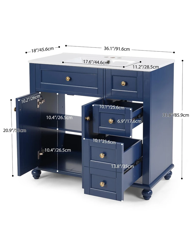 Sillysis 36" Bathroom Vanity with Ceramic Sink, Solid Wood Frame, Flip-Top and Drawer Storage, Adjustable Shelves