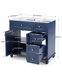 Sillysis 36" Bathroom Vanity with Ceramic Sink, Solid Wood Frame, Flip-Top and Drawer Storage, Adjustable Shelves