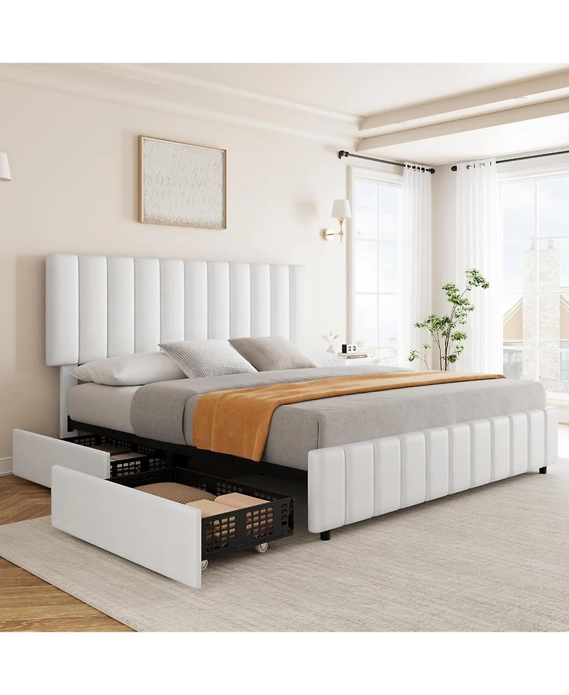 gaomon Linen Upholstered Platform Bed Frame with 4 Storage Drawers, Adjustable Headboard, Wooden Slats Support, No Box Spring Needed.