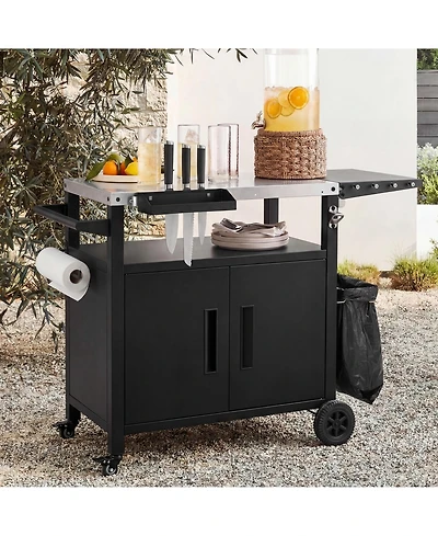 Rainsken Outdoor Grill Cart with Drop Leaf, Metal Bar Cart with Wheels, Stainless Steel Top, Storage Cabinet, Spice and Paper Rack for Bbq