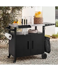 Rainsken Outdoor Grill Cart with Drop Leaf, Metal Bar Cart with Wheels, Stainless Steel Top, Storage Cabinet, Spice and Paper Rack for Bbq