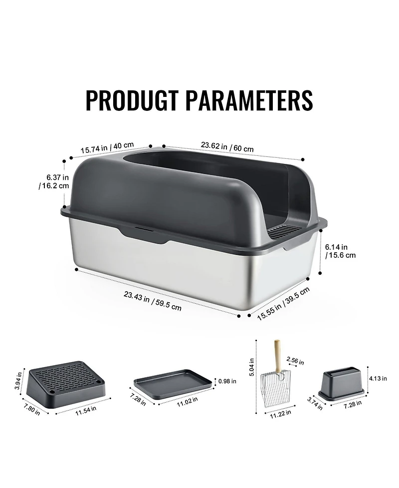 Cozito Xl Stainless Steel Cat Litter Box with Scoop and High Sides