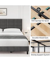 Gaomon King Size Upholstered Bed Frame with Linen Headboard, 12-Panel Padded Design, Wood Slats Support, No Noise, Modern Low Profile for Bedroom