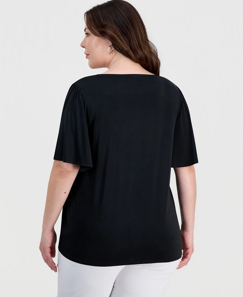 Jm Collection Plus Solid V-Neck Flutter-Sleeve Top, Macy's Exclusive