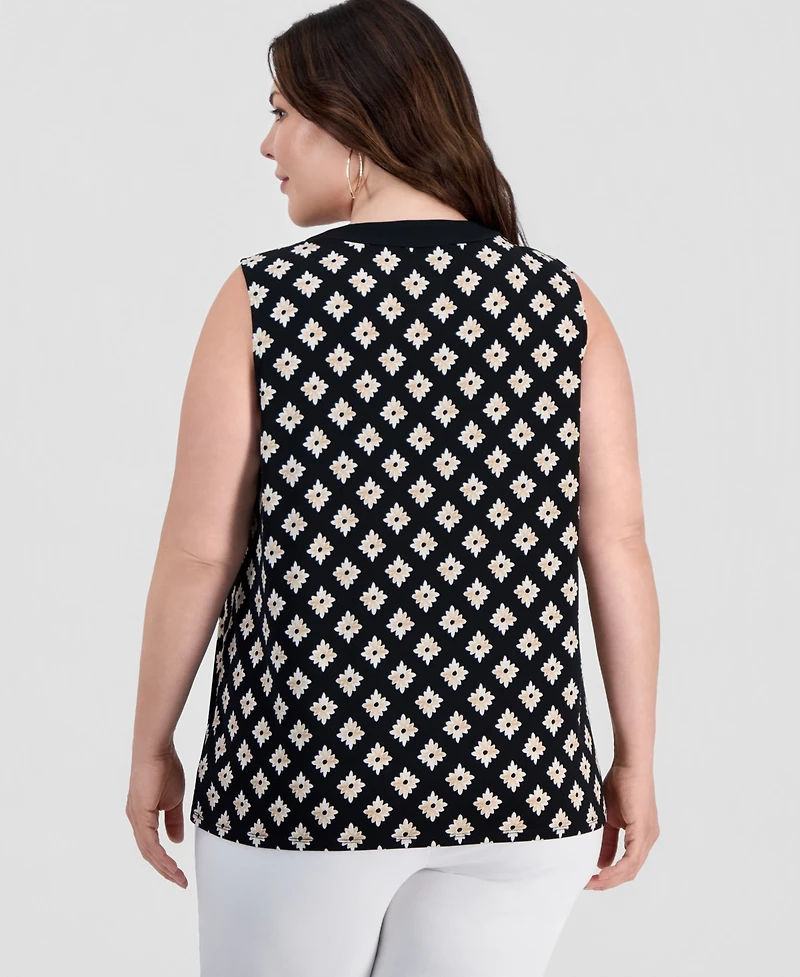 Jm Collection Plus Printed Lace-Up Sleeveless Top