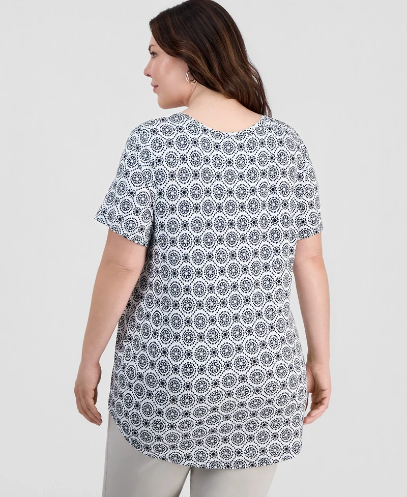Jm Collection Plus Printed Scoop-Neck Short Sleeve Top, Macy's Exclusive