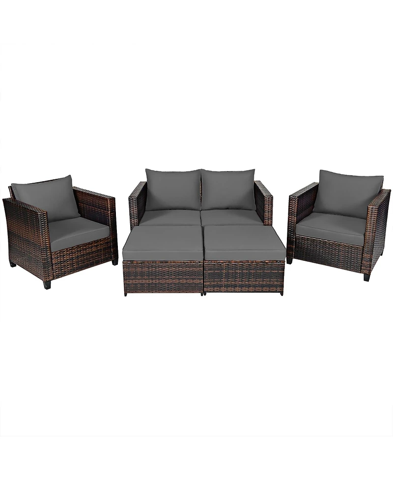 5PCS Patio Rattan Furniture Set Loveseat Sofa Ottoman Cushioned