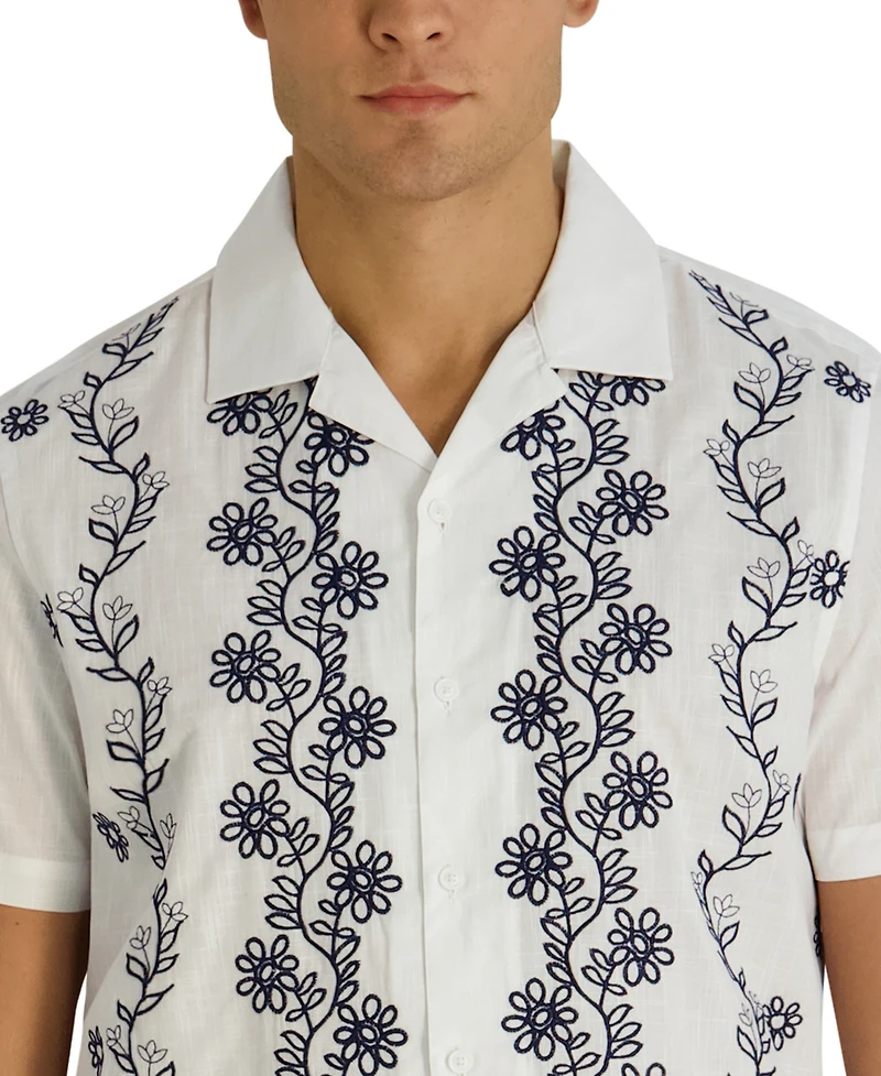 Karl Lagerfeld Paris Men's Regular Fit Short-Sleeve Floral Embroidered Shirt