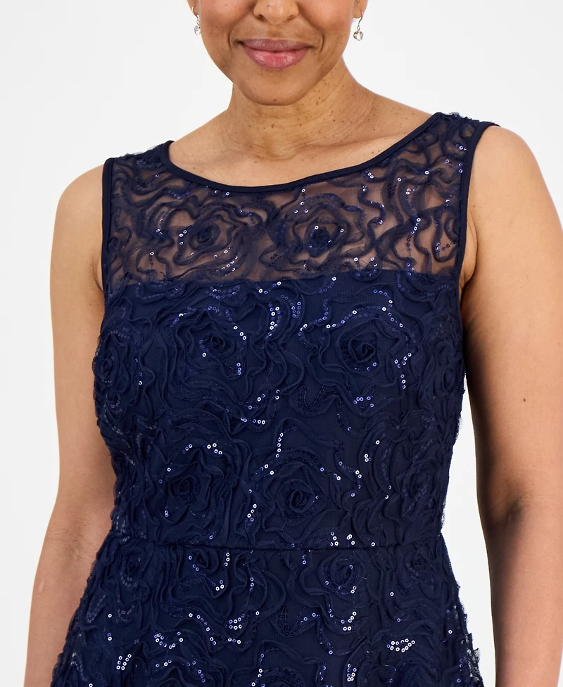 Connected Petite Sequin Rosette Mesh Sleeveless Sheath Dress