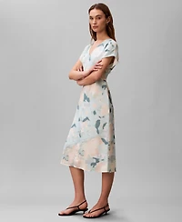 Calvin Klein Women's Satin Print V-Neck Midi Dress