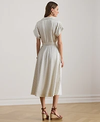 Lauren Ralph Petite Striped Belted Wrap Collared Midi Dress