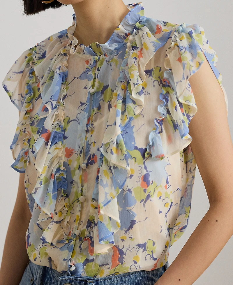 Lauren Ralph Petite Floral-Print Ruffle Band Collar Georgette Top