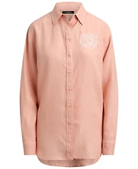 Lauren Ralph Petite Pink Eyelet-Logo Collared Shirt
