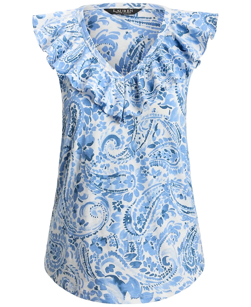 Lauren Ralph Lauren Petite Paisley-Print Ruffle-Trim Sleeveless Top