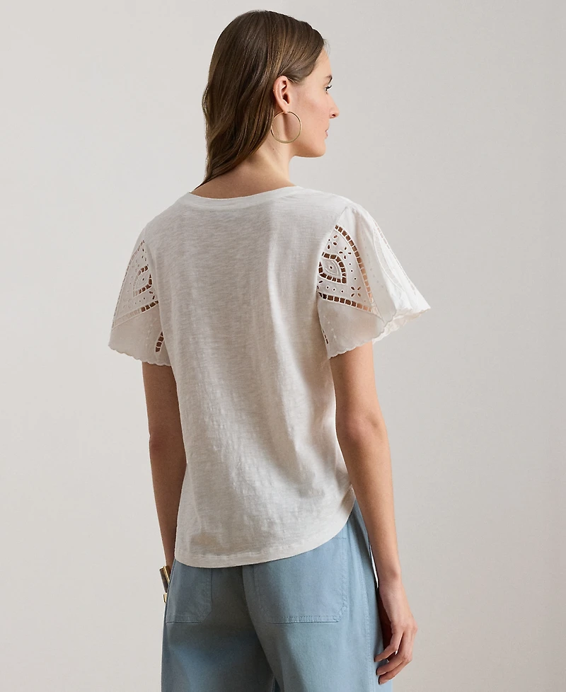 Lauren Ralph Petite Eyelet Flutter-Sleeve Crewneck Top