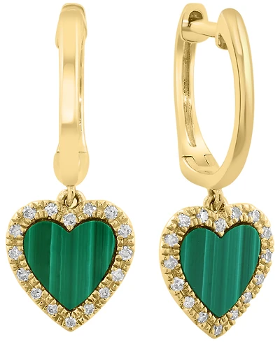 Effy Collection Malachite & Diamond (1/10 ct. t.w.) Heart Drop Earrings in 14k Yellow Gold