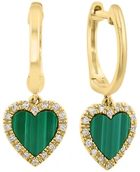 Effy Collection Malachite & Diamond (1/10 ct. t.w.) Heart Drop Earrings in 14k Yellow Gold