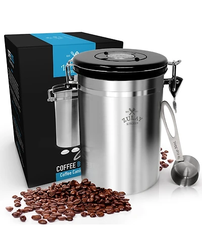 Coffee Storage Canister with Scoop, Date Tracker, Built-In One-Way CO2 Valve & 2 Spare Filter Replacements